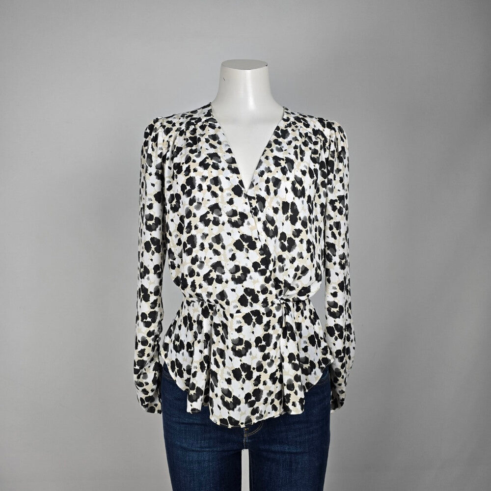 Cabi Leopard Animal Print Ruched Sleeve Wrap Top Size S